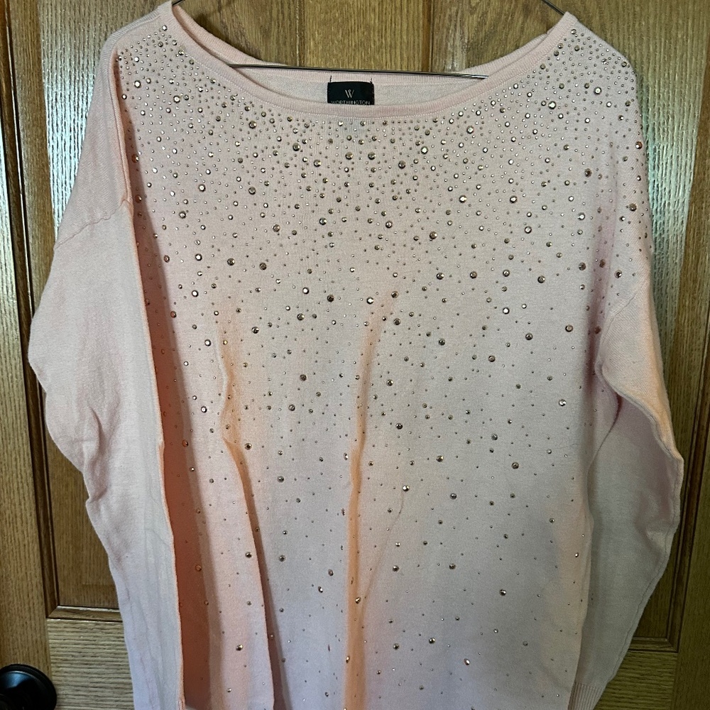 Worthington Pink crew neck sweater with gold bling.  Size M.